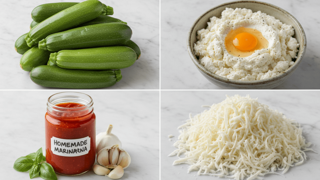 A collage showing fresh green zucchini, ricotta cheese, marinara sauce, and mozzarella.
