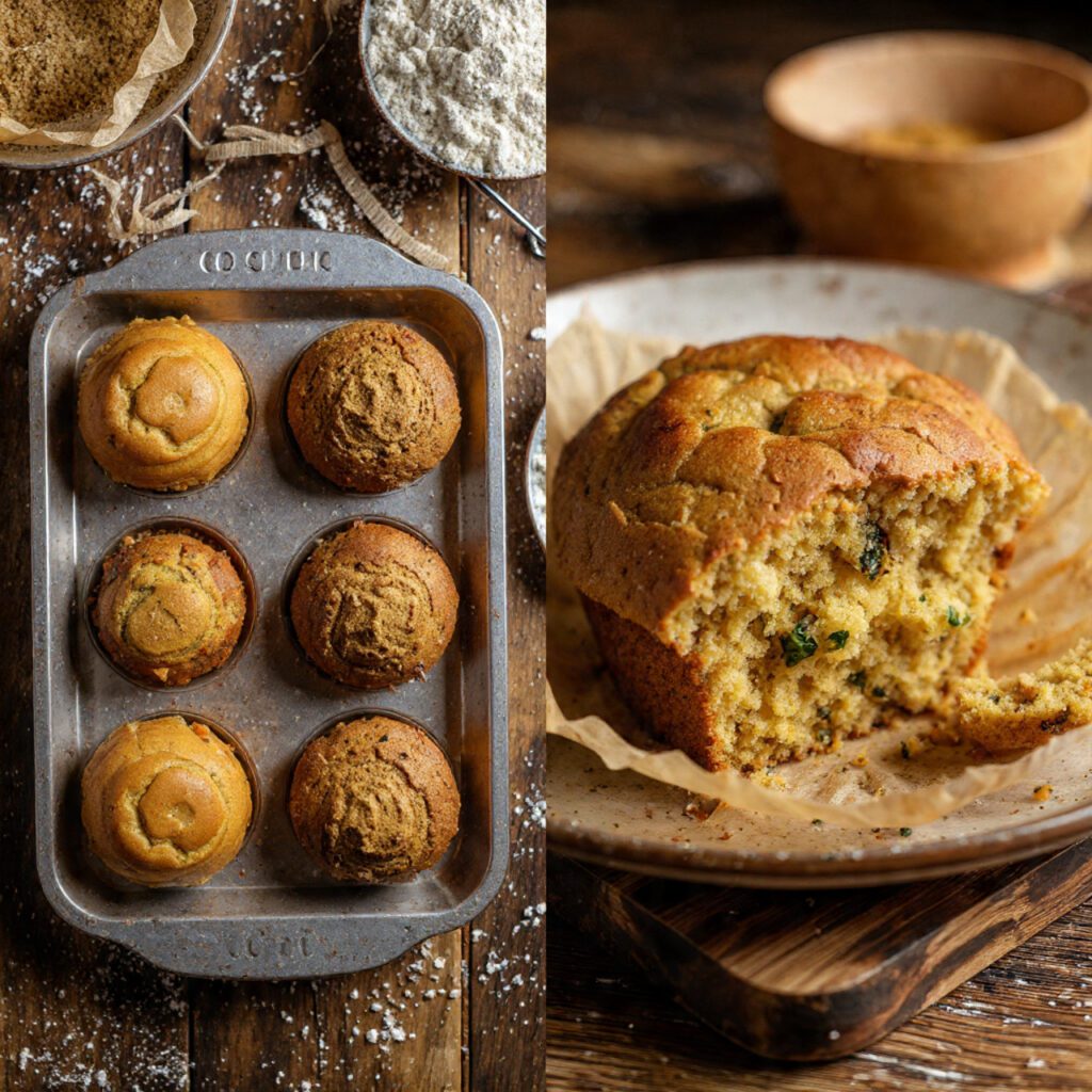 A cross-section of a zucchini muffin showing the moist, tender crumb and green zucchini bits