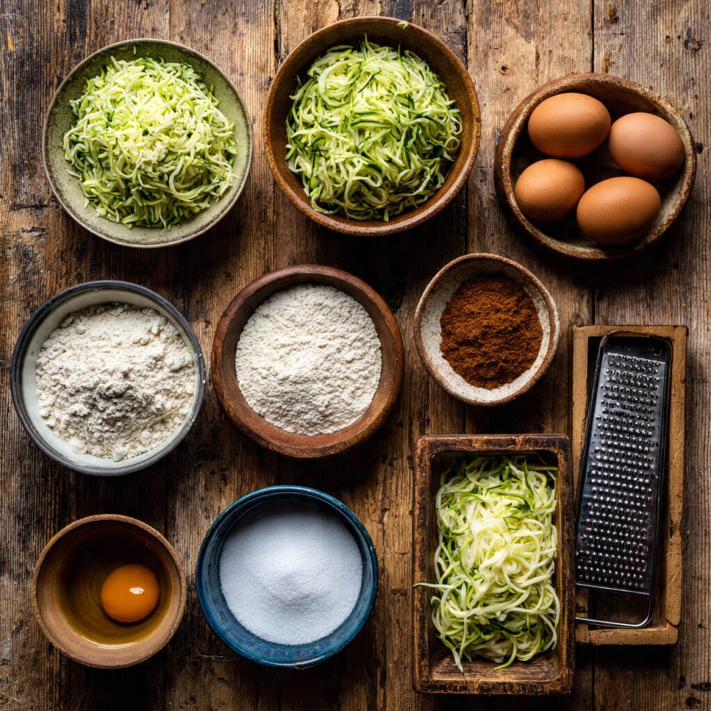 A flat lay collage showing ingredients: shredded zucchini, eggs, flour, brown sugar, oil, and spices.