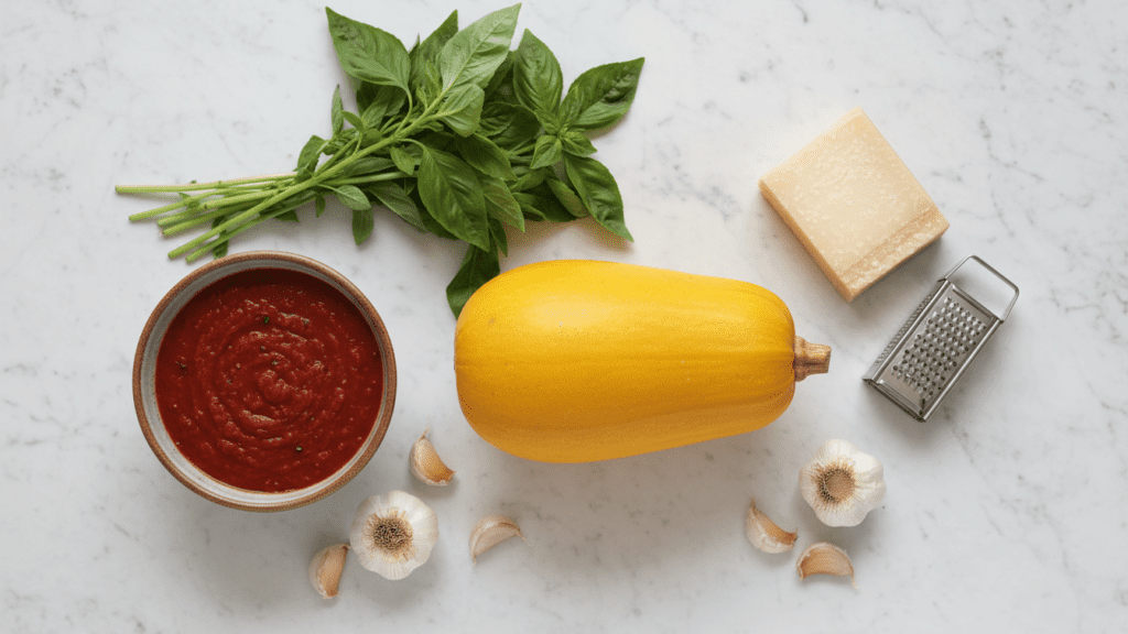 A collage of fresh spaghetti squash, a jar of marinara, garlic, basil, and parmesan.