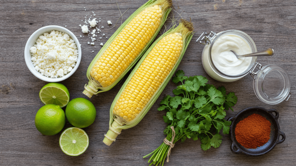 Raw ingredients for making a healthy authentic Mexican esquites recipe at home.