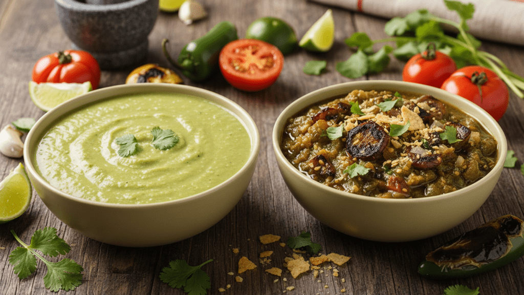 Two different versions of Salsa Verde, one smooth and one chunky.