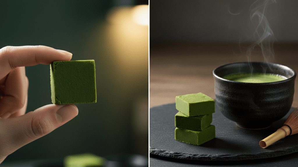 A close-up of a hand holding a piece of matcha fudge, showing its creamy texture.