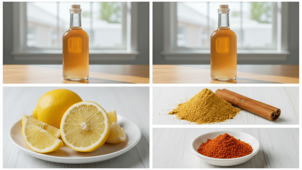 Collage of ingredients for ACV detox including vinegar, lemons, ginger, and cayenne.