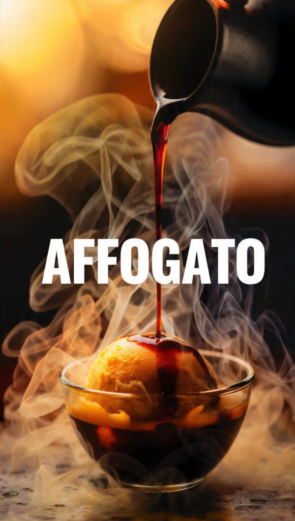 A glass of affogato with hot espresso pouring over vanilla gelato and a text overlay.