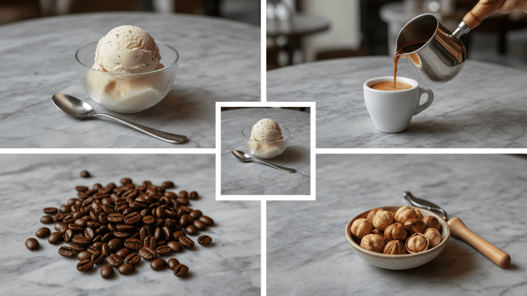 Flatlay of affogato ingredients including coffee beans, vanilla ice cream, and espresso.