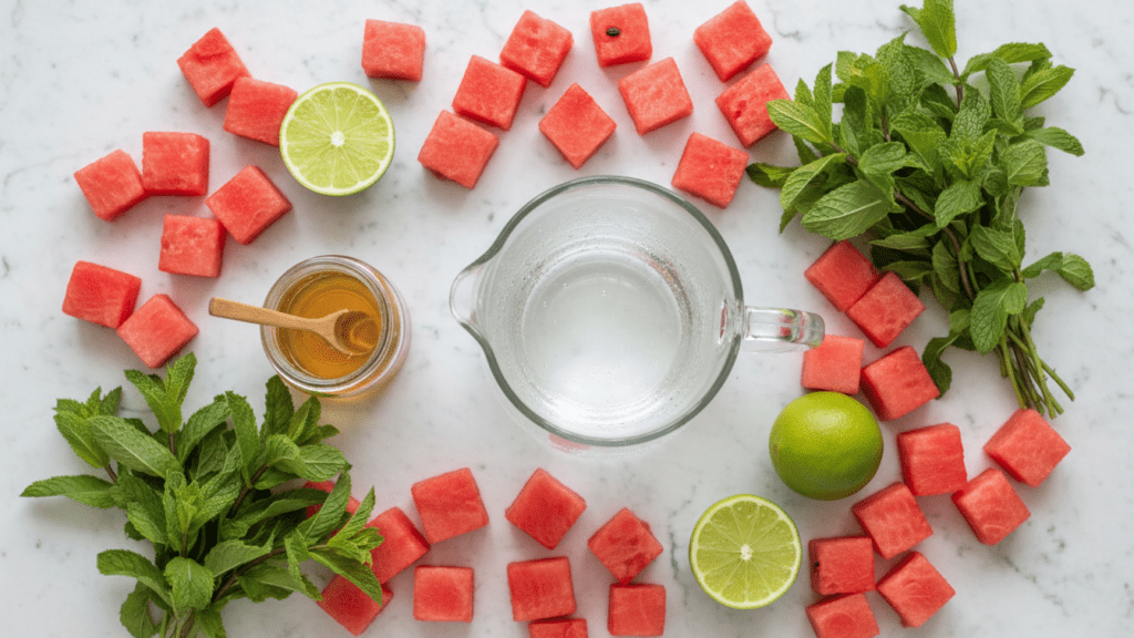 Collage of watermelon chunks, limes, agave nectar, and mint leaves