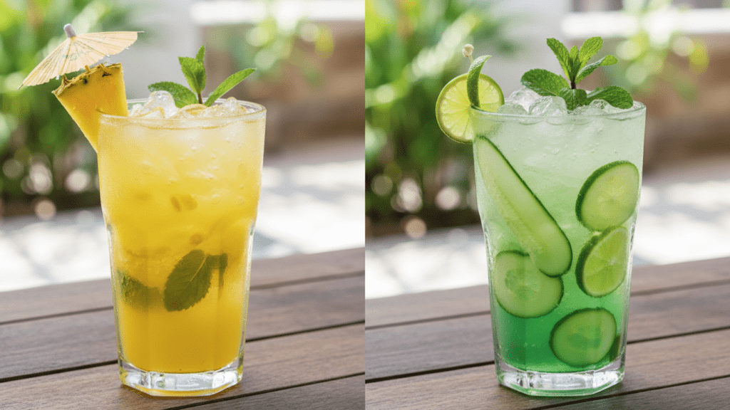 Two variants of agua fresca, one cucumber lime and one pineapple. |
