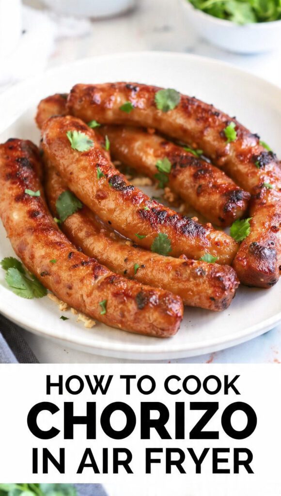 Sliced crispy chorizo links cooked in an air fryer on a wooden platter.