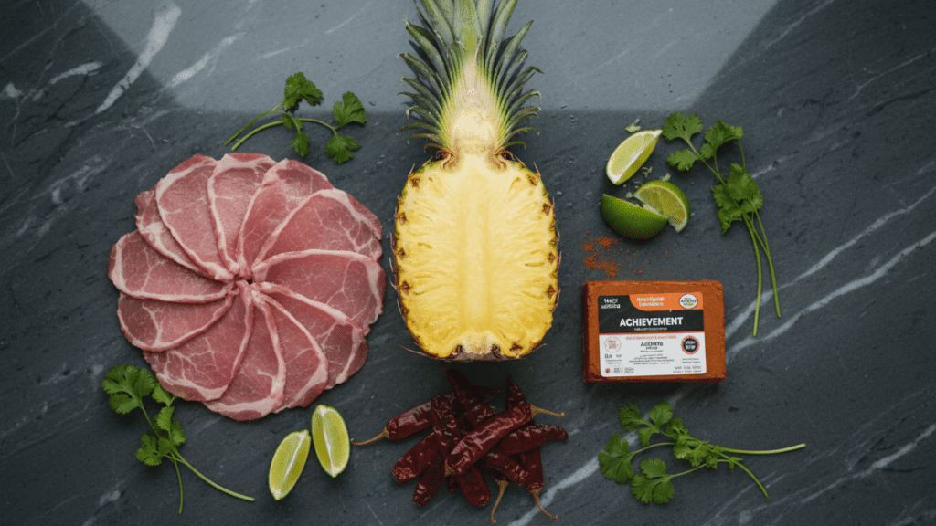 Raw ingredients for making a healthy authentic Mexican al pastor recipe.