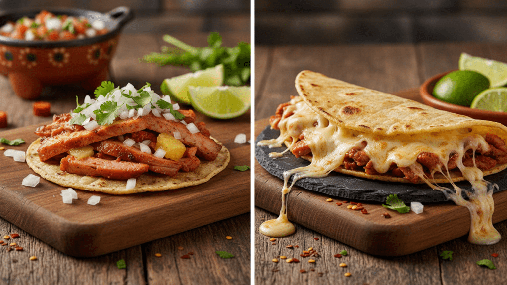 Two different versions of Al Pastor tacos including a cheesy Gringa option.