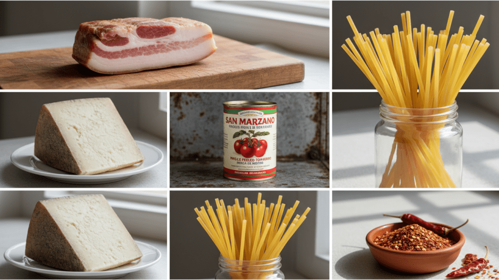 Ingredients collage for amatriciana including guanciale, pecorino, and San Marzano tomatoes.