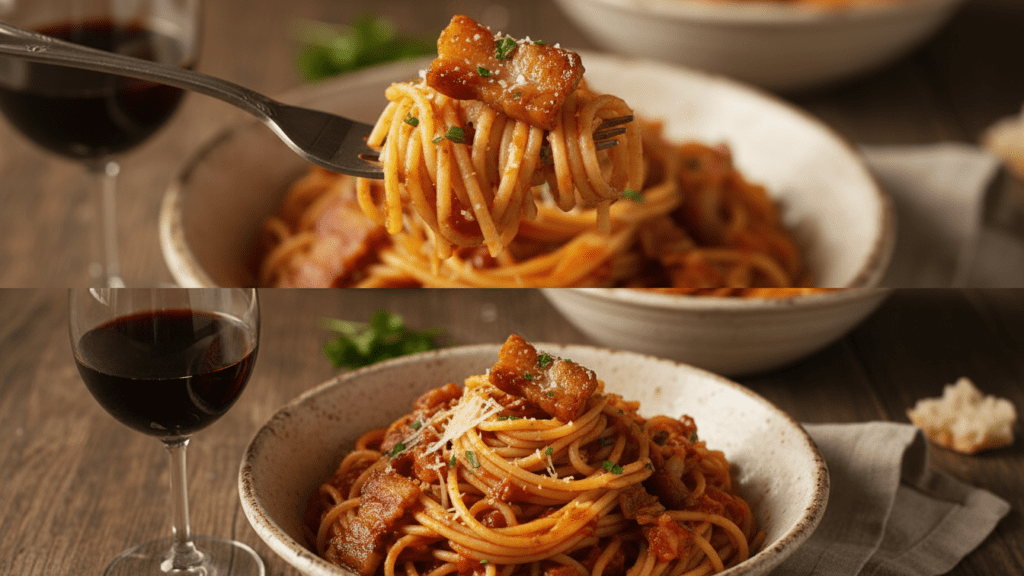Extreme close-up of the silky amatriciana sauce on bucatini noodles.