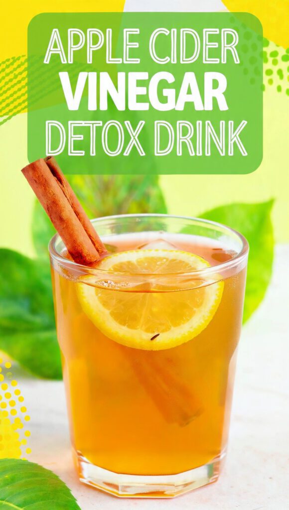 A tall glass of golden apple cider vinegar detox drink with lemon slices and a cinnamon stick.