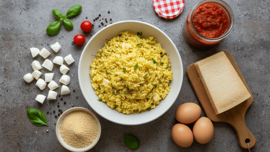 Raw ingredients for making a healthy authentic Italian arancini recipe at home.