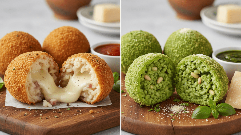 Two different versions of arancini including cheese and pesto options.