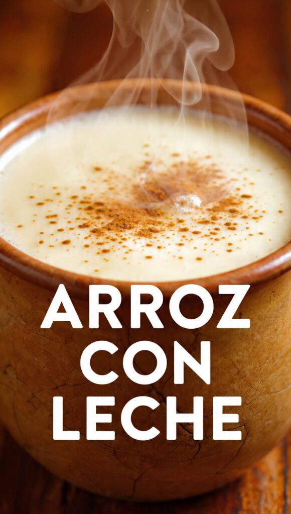 A creamy bowl of arroz con leche dusted with cinnamon and a text overlay.