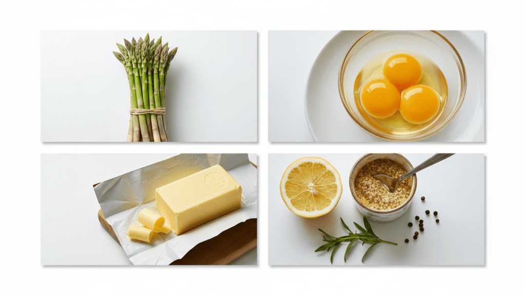 A collage of fresh ingredients for asparagus with hollandaise including butter, eggs, and lemon.