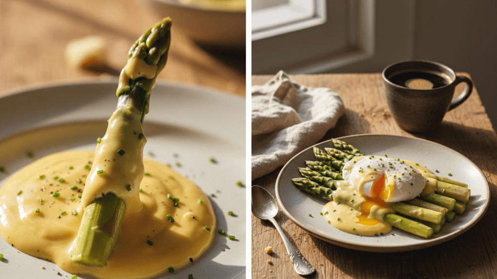 Two different ways to serve asparagus with hollandaise, one on a platter and one close-up.
