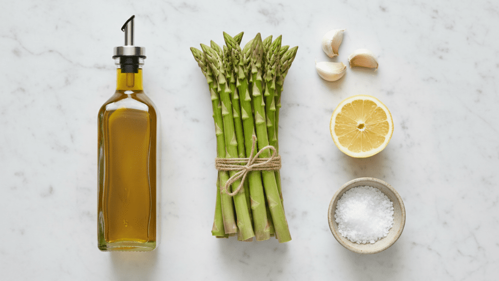A collage of ingredients: fresh asparagus bunch, olive oil, garlic cloves, and a lemon