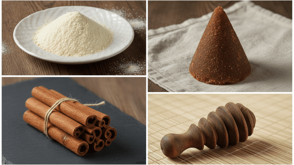 Collage of ingredients for atole including masa harina, cinnamon, and piloncillo.