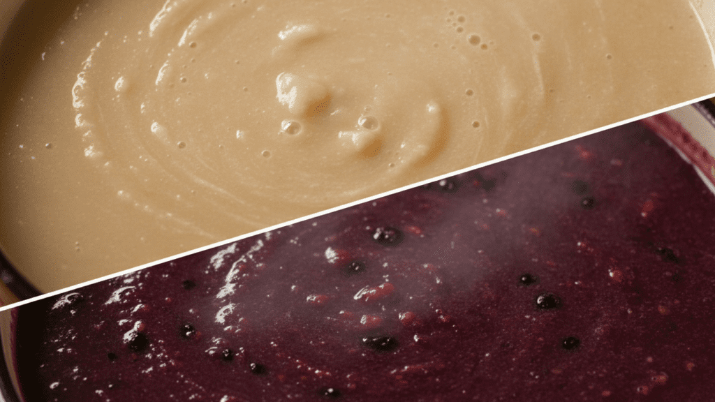 Close up look of a steaming mug of traditional atole and a berry version.