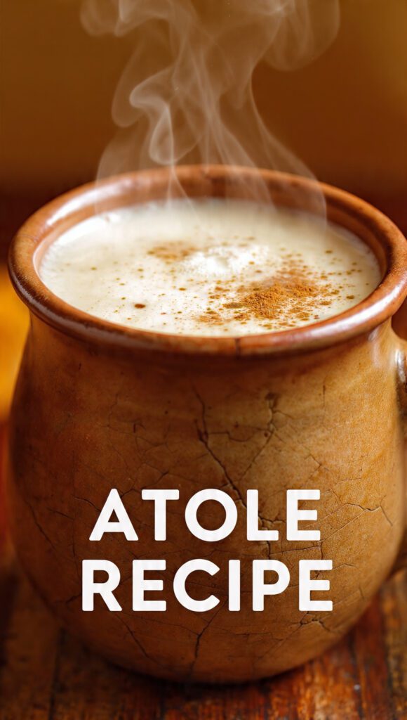 A steaming mug of thick atole with a cinnamon stick and text overlay.
