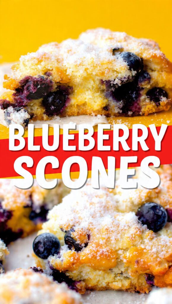 A close-up of a golden blueberry scone with a bold text overlay.