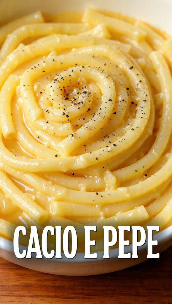 A close-up of a plate of bucatini cacio e pepe with fresh black pepper and cheese.