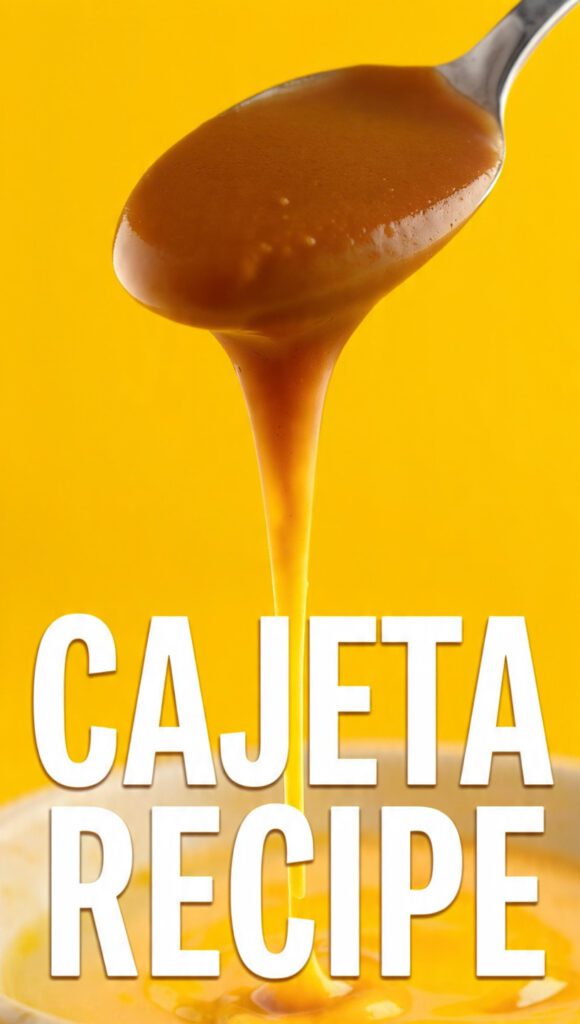 A glass jar of thick amber cajeta with a wooden spoon and cinnamon sticks.