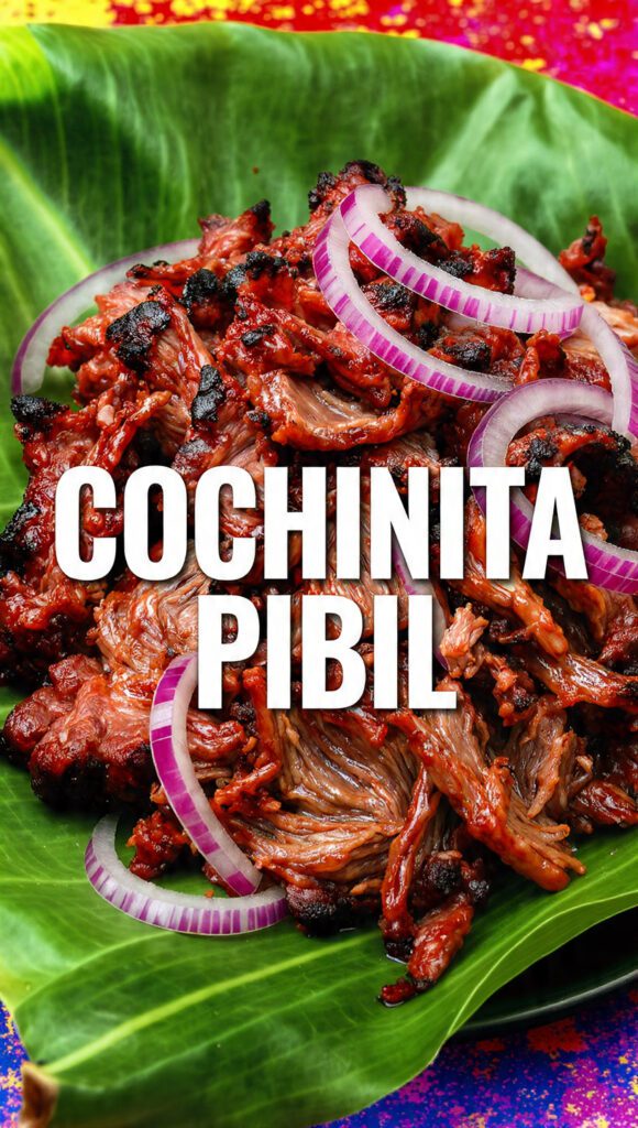 Shredded orange cochinita pibil pork on a banana leaf with pickled onions.