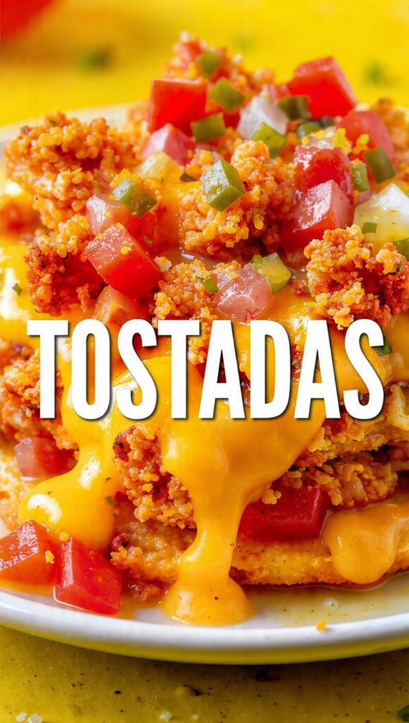 A tray of crispy tostadas topped with beans, chicken, and avocado.