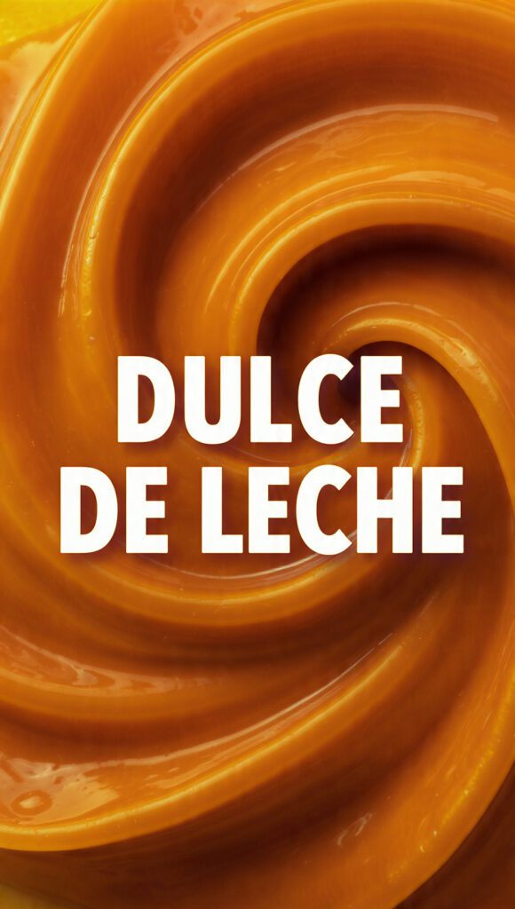 A close-up of a jar of thick amber dulce de leche with a bold text overlay.
