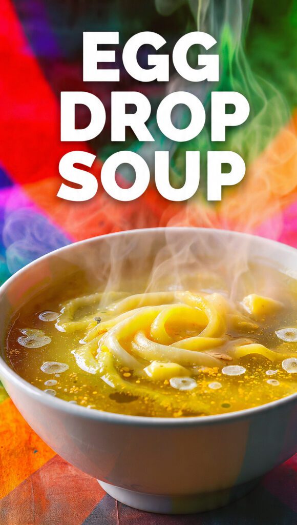 A steaming bowl of golden egg drop soup with silky ribbons and green onions.