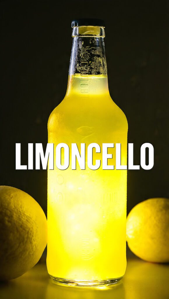 A frosted bottle of yellow limoncello with fresh lemons and a text overlay.