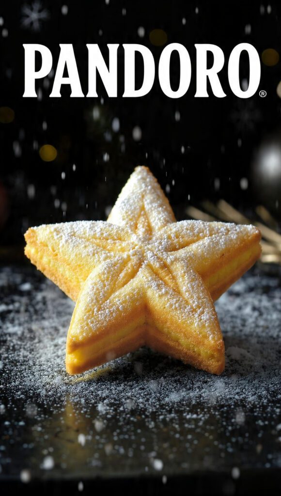 A tall, star-shaped pandoro cake dusted with powdered sugar.