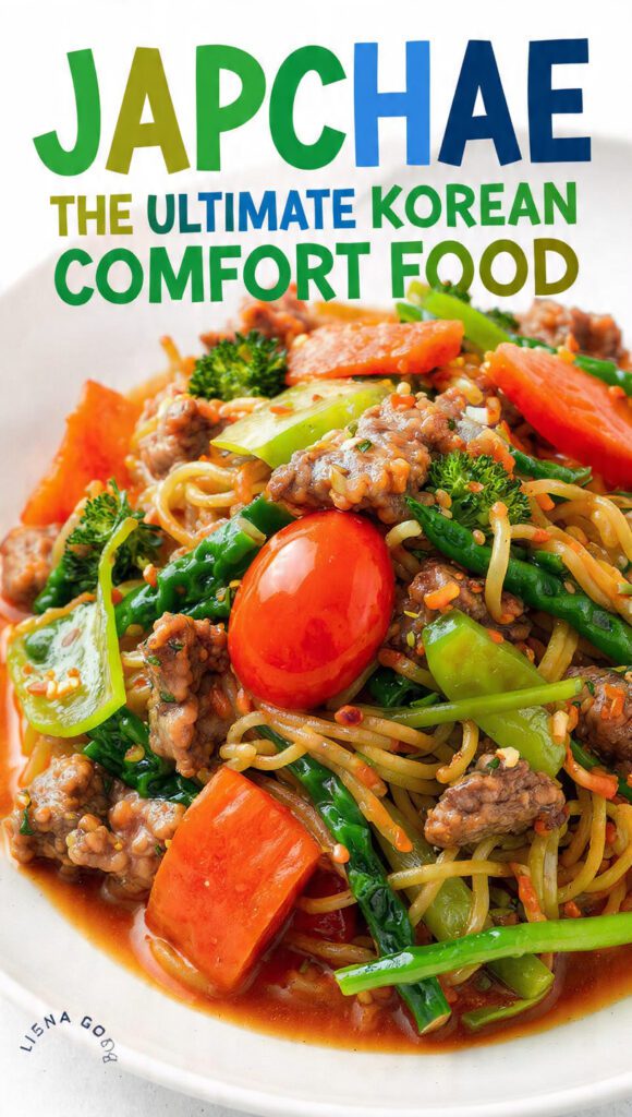 A vibrant bowl of authentic japchae with colorful vegetables and shiny glass noodles.