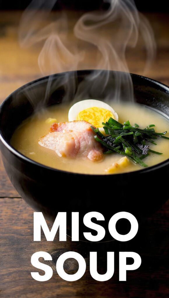 A close-up of a steaming bowl of authentic miso soup with tofu and green onions.