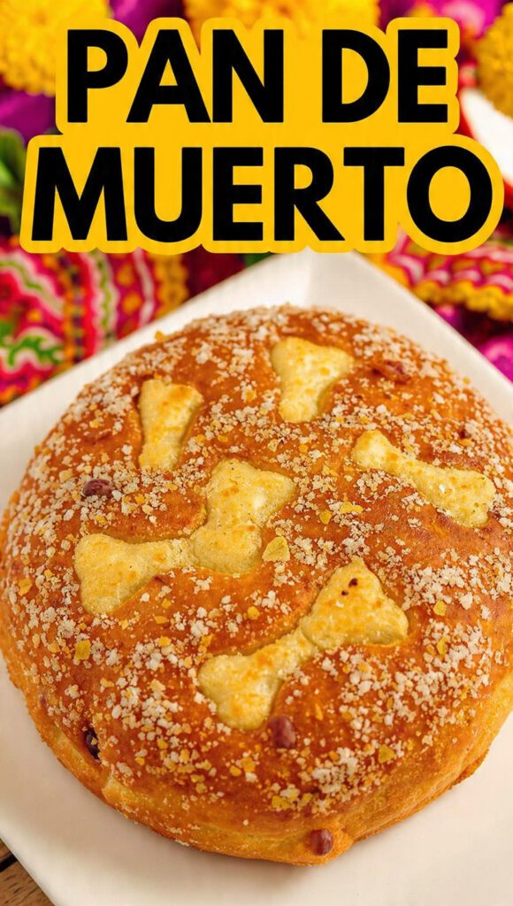 A close-up of a sugar-dusted pan de muerto bread with bone shapes.