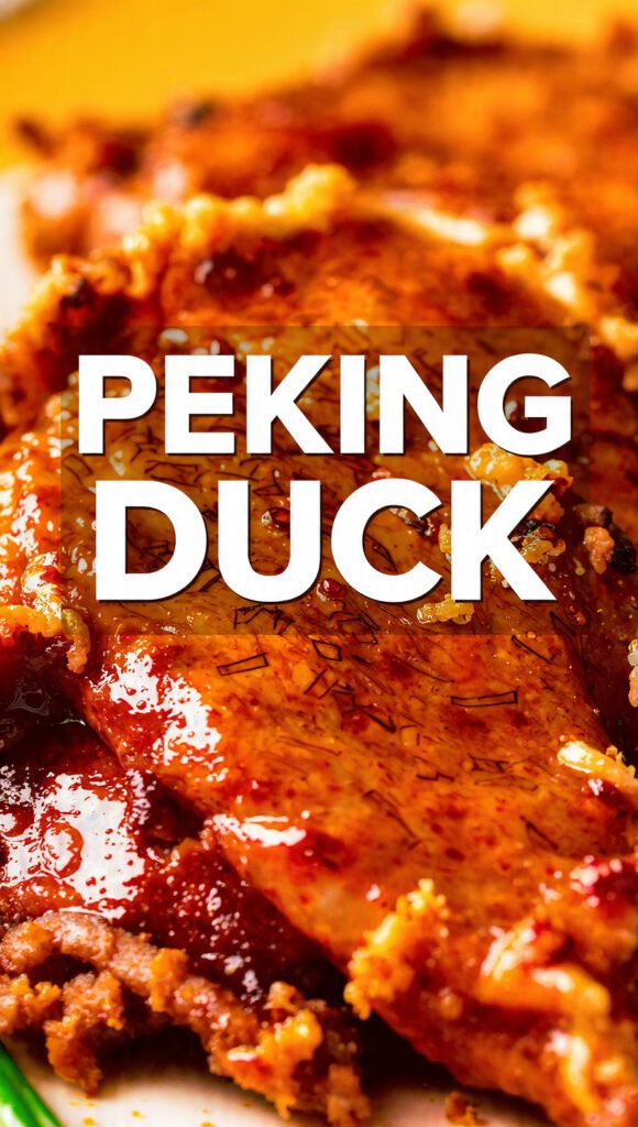 A whole glistening mahogany Peking duck carved on a platter with text overlay.