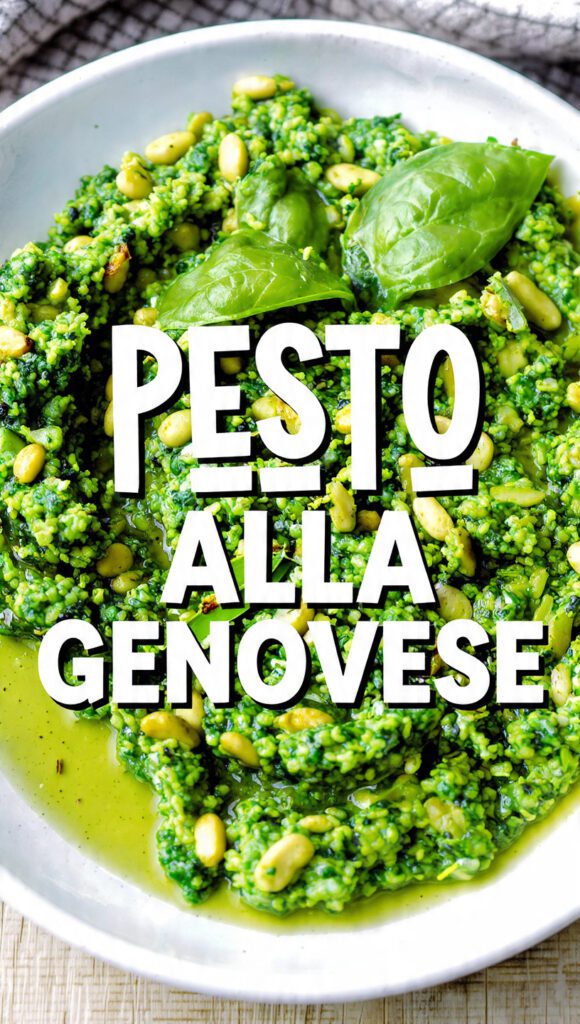 A vibrant green bowl of pesto alla genovese with fresh basil leaves