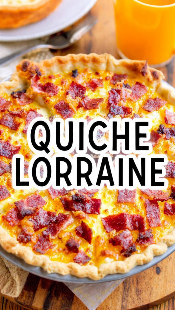 A golden-brown quiche lorraine with a slice removed showing the silky interior.