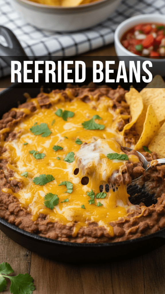 A bowl of homemade creamy refried beans with cheese and cilantro.