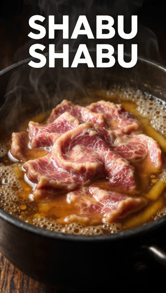 A bubbling Japanese hot pot with thin beef slices and vegetables.