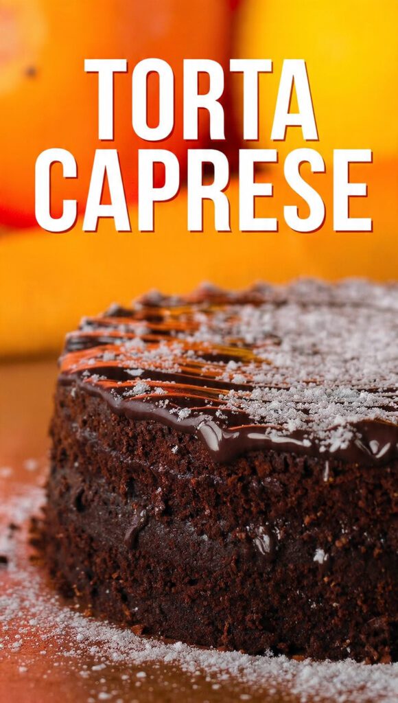 A rich, dark chocolate torta caprese dusted with powdered sugar.