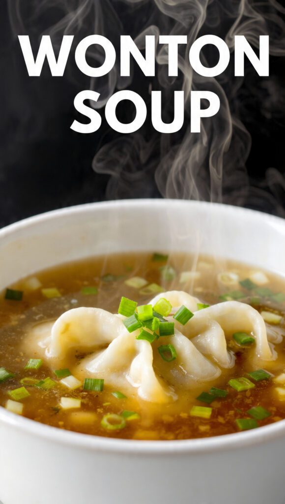 A steaming bowl of wonton soup with clear broth, green onions, and plump dumplings
