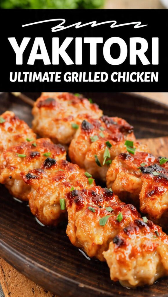 A plate of perfectly grilled yakitori chicken and vegetable skewers with a glossy tare glaze and sesame seeds.