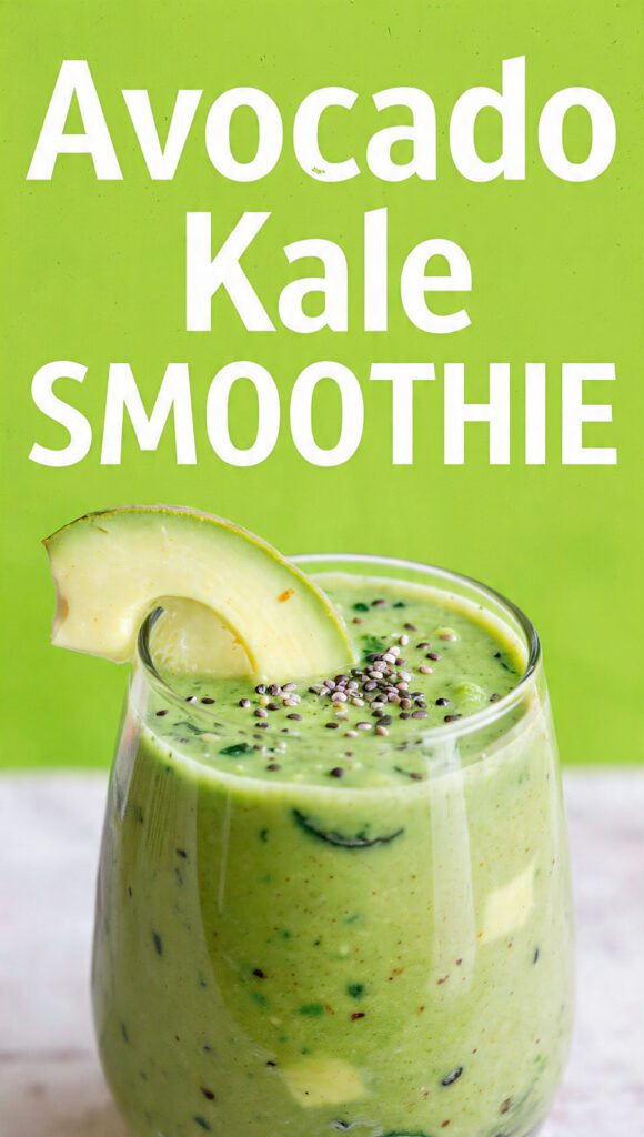 A tall glass of vibrant green avocado kale smoothie with a straw and lemon slice with text overlay "Avocado Kale Smoothie".