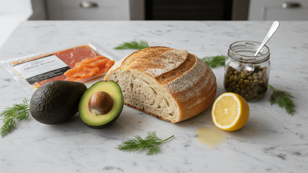 A collection of fresh ingredients needed for making smoked salmon avocado toast.