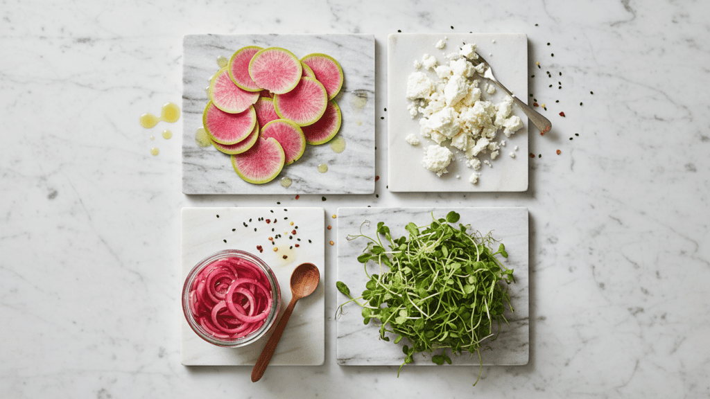 A collage of fresh avocado toast toppings including radishes, pickled onions, and feta cheese